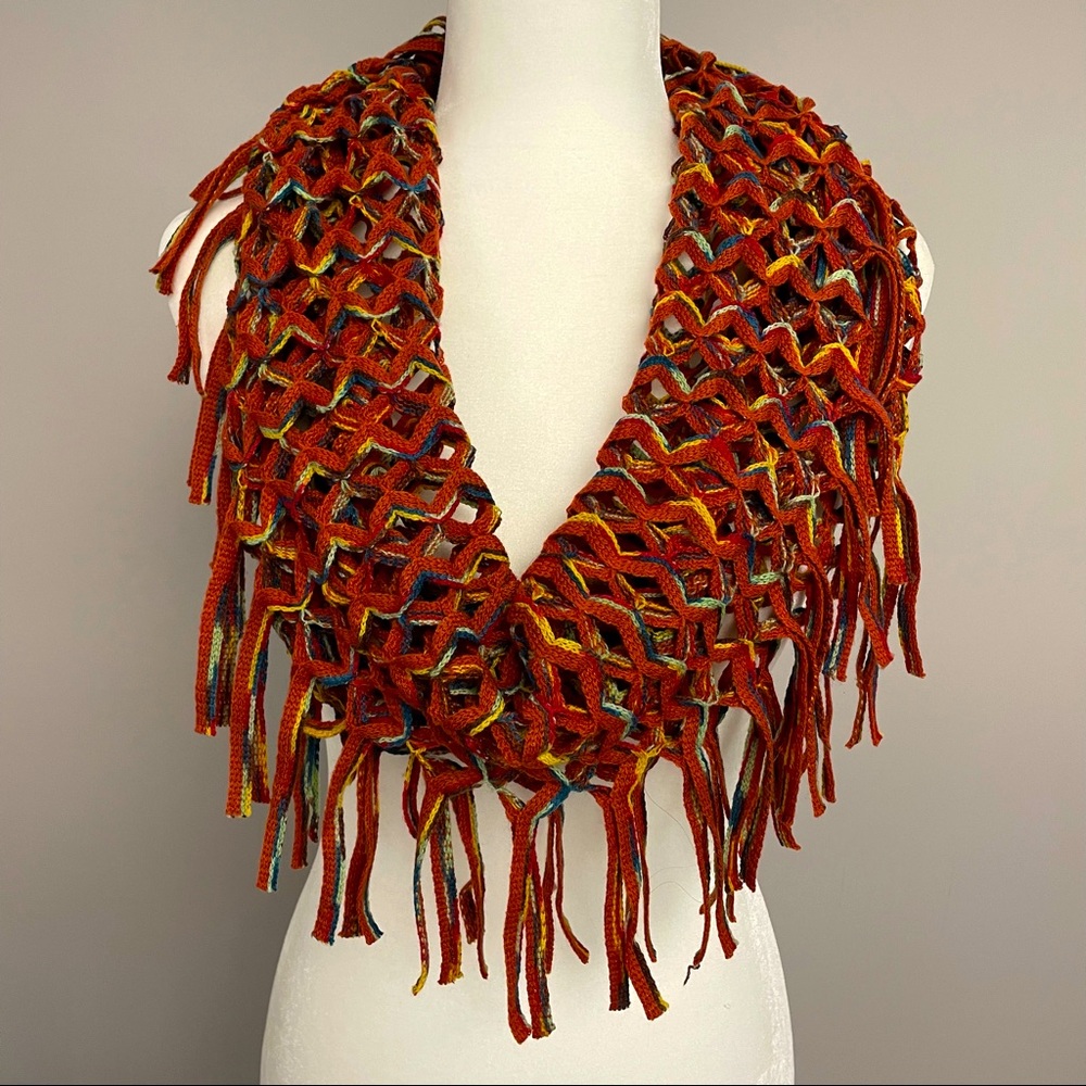 Fraas Rust & Multi-Colored Open-Weave Fringed Cowl/Infinity Scarf